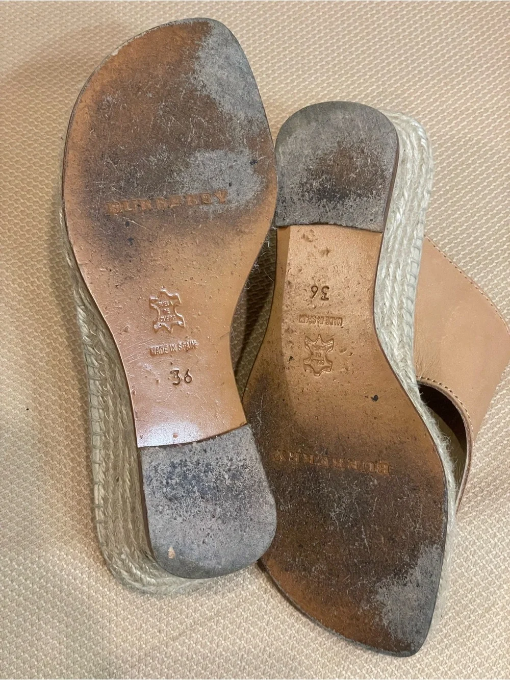 Burberry Leather Espadrille Wedge Sandals Nova Check Nude Beige Size 36
